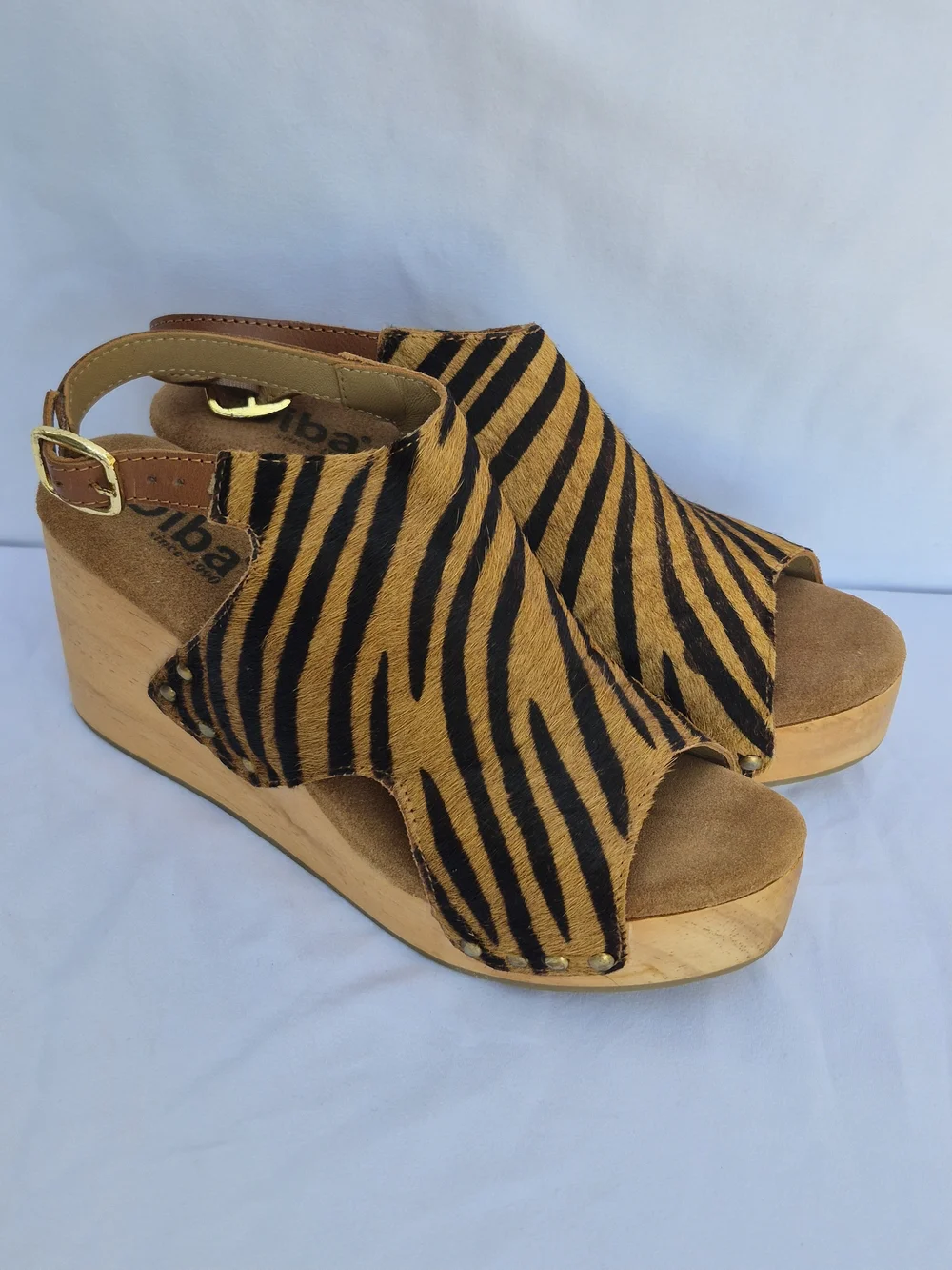 DIBA Zebra Print Leather Cow Fur Women's Wedge Heel Sandals Size 7.5
